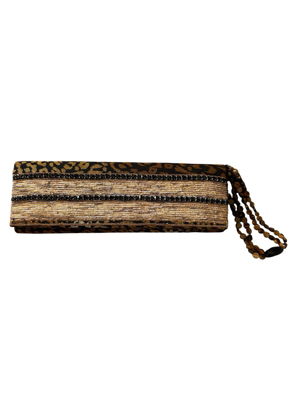 Meera Mahadevia Leopard Beaded Wristlet Clutch w/ Tiger Eye Gemstone Wrist Strap